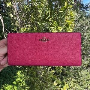 COACH Slim Bifold Wallet PINK Crossgrain Leather with Gold Hardware AUTHENTIC